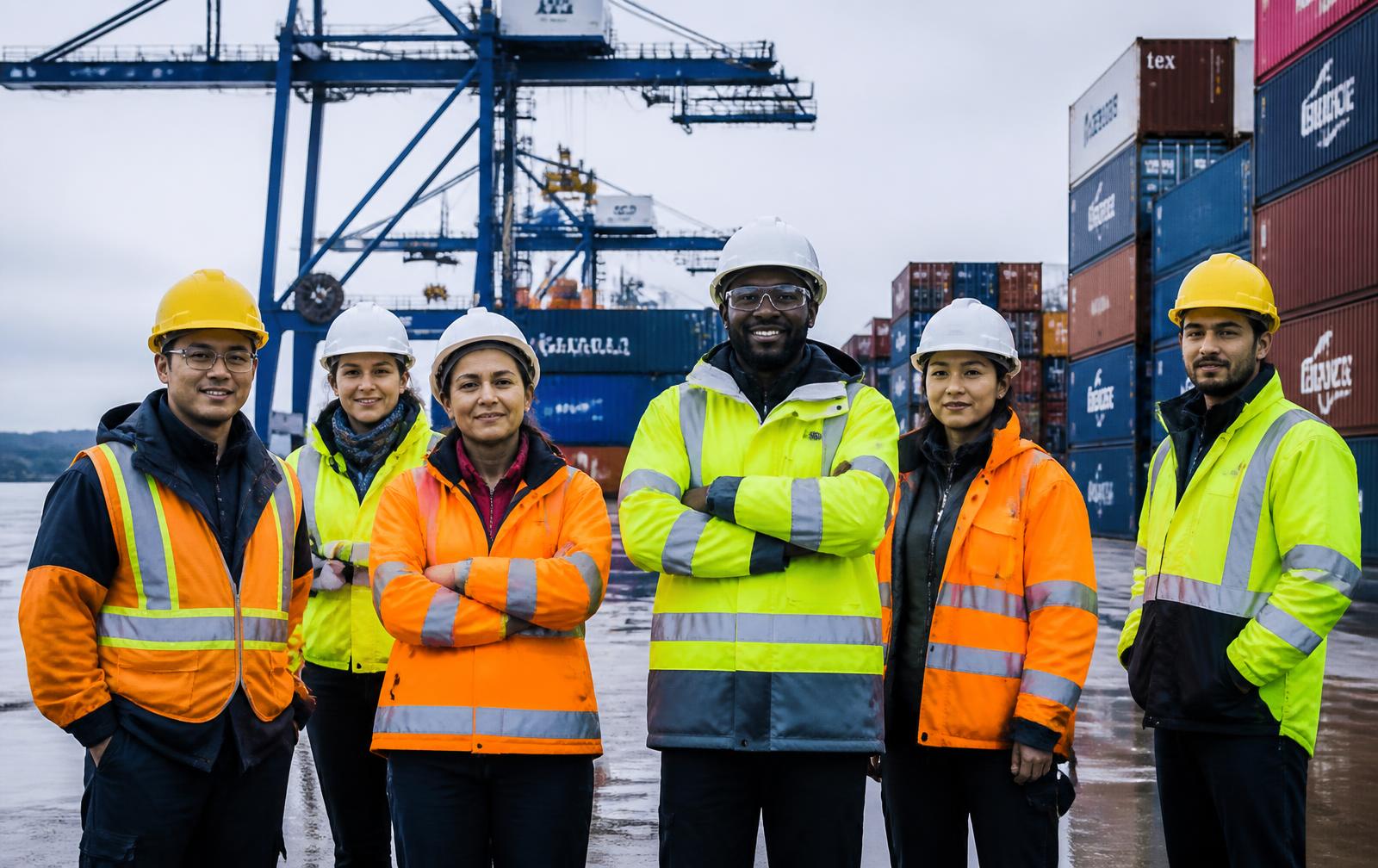 International workforce of construction and logistics workers at a port site
